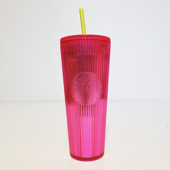 Starbucks Pleated Magenta Bright Pink Venti Coffee Cold Tumbler 24 oz with Straw - Picture 1 of 5